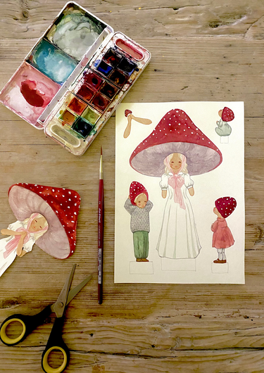 Hand-painted Mushroom Mom with Children - Gemini Atelier